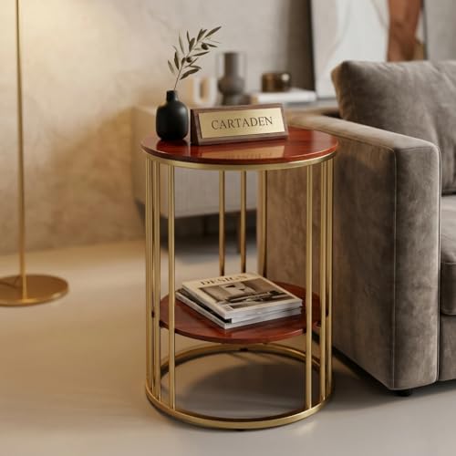 Image of CARTADEN Side Table, Small Round End Table with Lower Shelf, Nightstand for Small Spaces, Bedside Coffee Table for Living Room, Bedroom Gold Brown