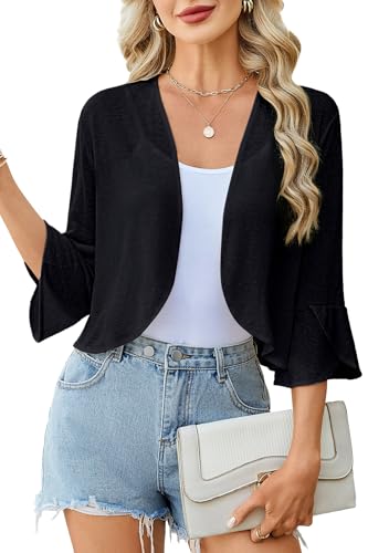 Image of Yekaty Shrugs for Women 3 /4 Sleeve Cropped Cardigan Lightweight Summer Sheer Bolero Shrug for Dresses