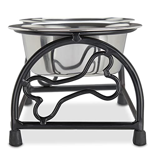 Relaxdays Hunde-Napfset mit Halterung, Napfständer Hunde & Welpen, 2 Edelstahlnäpfe je 300 ml, Futterbar, schwarz/Silber