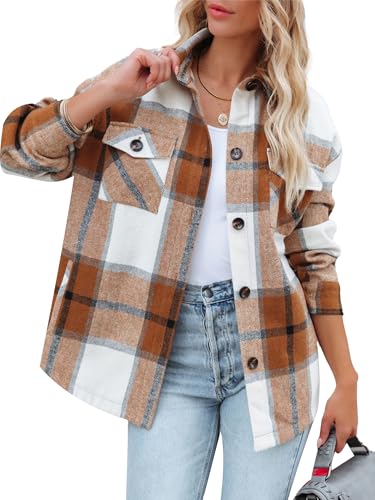 Moss Rose Womens Casual Plaid Shackets Button Down Long Sleeve Jacket Coats Shirts