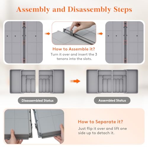 Lifewit Silverware Drawer Organizer, Expandable BPA Free Plastic Utensil Tray for Kitchen, Adjustable Flatware Cutlery Holder for Spoons Forks Knives, 21.3-36 x 16.9, Gray
