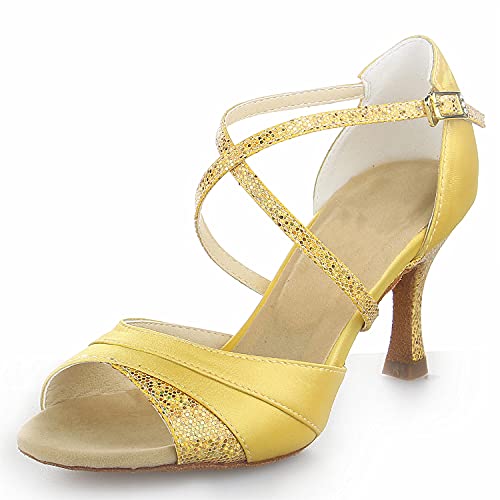 JIAJIA 20527 Women's Satin Sandals Flared Heel Latin Salsa Performance Dance Shoes Color Gold,Size 6.5 B(M) US/37 EU