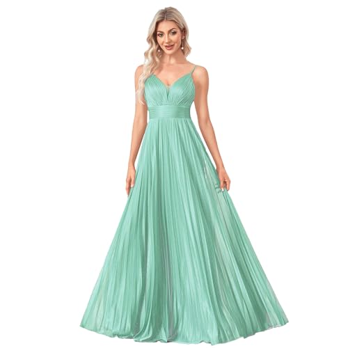 BluePlum Sexy Backless Maxi Formal Dress for Women, Wedding Guest Dresses with Embroidery Sequin, Cocktail Dresses with Sleeveless Pleated, Olive Green Evening Gowns for Party, Mint Green, Size L