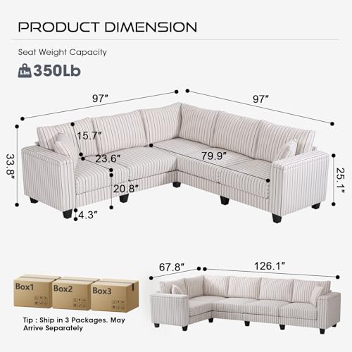 Image of 97 inch L Shaped Couch Corner Sofa, 5 Seater Oversized Cloud Couch with 2 Pillows Modular Sectional Sofa Armrests with Two Hidden Storage Space Sectional Couches for Living Room Blue Stripe