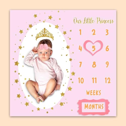 Image of Monthly Milestone Blanket for Baby Girl, 47 inchx47 inch Soft Flannel Pink Princess Memory Growth Blanket, Photography Backdrop Prop for Newborn Baby Shower, 1 to 12 Months Include Marks BTXTPH837