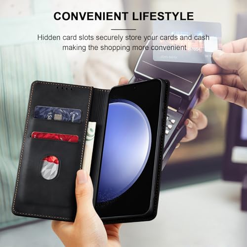 Image of Jasonyu Flip Wallet Case for Samsung Galaxy S23 FE,Leather Magnetic Folio Cover with Card Holder,Kickstand - TPU Shockproof Durable Protective Phone Case,Black