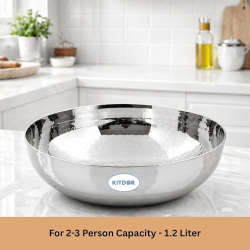 Image of Stainless Steel Hammered Kadhai with Sturdy Handle, Heavy Bottom for Even Heat, Ideal for Deep Frying & Daily Cooking, Rust-Resistant & Durable, Without Lid (1.2 Litre, KADHAI with Out Handle)