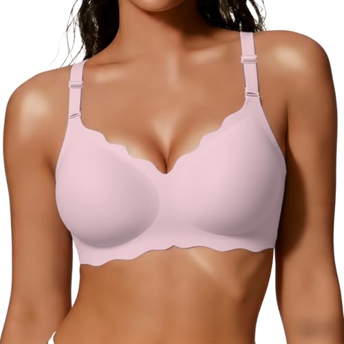 COCOMARTS Jelly Bras for Women No Underwire Scalloped Push Up Wireless Bralettes Seamless Soft Comfort Everyday Tshirt Bra Pink Small
