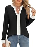 Micoson Business Casual Tops for Women Loose Long Sleeve Work Shirts Notch V Neck Tshirts Work Blouses Black White Contrast Color L