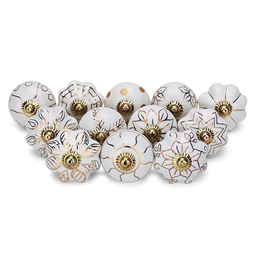 Image of Craft Trade Ceramic Furniture Knobs for Drawer Wardrobe Kitchen Desk Cabinets Dressers Cupboards Vintage Assorted Decorative Golden Print Pull Handle Interior Decor Pack of 12, Cream