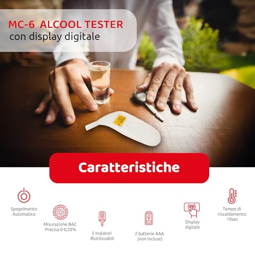 Alcool Tester Digitale Portatile Con Display Lcd - Misurazione Bac Precisa 0-0,20% - Spegnimento Automatico - 5 Inalatori Riutilizzabili - Etilometro Compatto E Affidabile - 2
