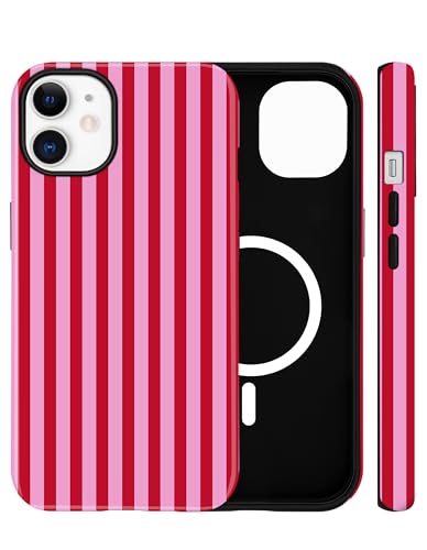 Jusy Handyhülle Magnetische für iPhone 12 Hülle Aesthetic Gestreifte Sommer Muster Motiv Design Kompatibel mit MagSafe Zweischichtige Stoßfest Bumper Case Rot