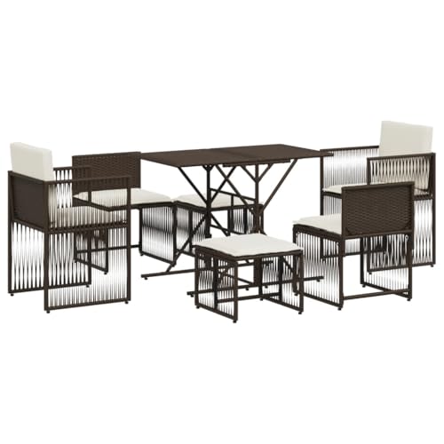 vidaXL Garten Essgruppe 7-TLG., Gartenmöbel Set mit Kissen, Gartengarnitur Tisch 4 Stühle 2 Hocker, Sitzgruppe Sitzgarnitur, Braun Poly Rattan