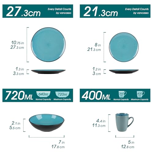 Tafelservice Steinzeug, vancasso 16-tlg. BUBBLE Kombiservice aus Steingut, inkl. Schalen, Tassen, Desserttellern & Speisetellern für 4/8/12 Personen