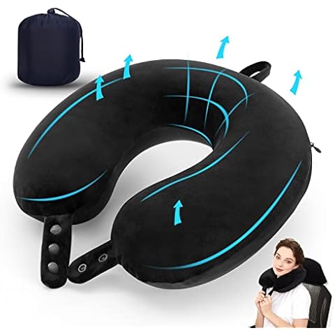 Travel Neck Pillow, Best Memory Foam Airplane Pillow for Head Support Soft Adjustable Pillow for Plane, Car & Home Recliner Use (Black) Cover
