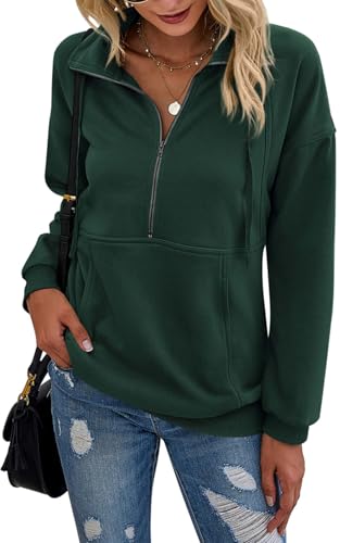 Image of PRETTYGARDEN Women's Casual Long Sleeve Zipper Sweatshirt Drawstring Loose Quarter Zip Pullover Tops with Pockets