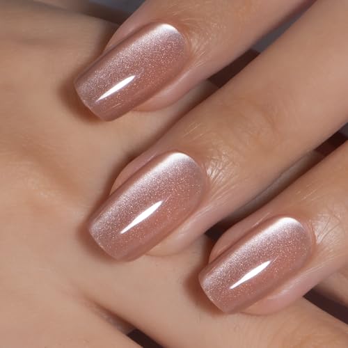 CurvLife Medium Square Cat Eye Fall Press On Nails, Glossy Nude, Soft Gel