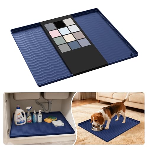 Image of URMONA Waterproof Silicone Under Sink Mat 22'' x 19'' Shelf Liner for Kitchen and Bathroom, Cabinet and Counter Protector, Storage and Organizers, Litter Mat, Pet Cat Puppy Essentials(Navy)