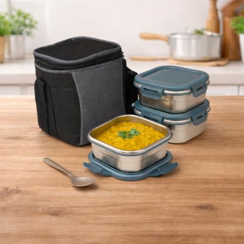 Image of TEKCOOL Stainless Steel Lunch Box with Bag | Set of 3 (400 ml Each), Square | Tiffin Box for Office, School & College
