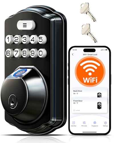 Veise VE012W Built-in WiFi Fingerprint Smart Lock, App Remote Control, Compatible with Alexa & Google Assistant, Keyless Entry for Front Door, Digital Keypad Deadbolt, Auto Lock, Matte Black