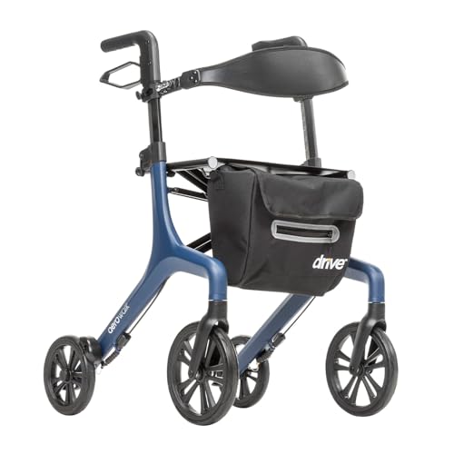 Drive Medical AeroWalk Ultra-Lite Rollator with Seat Lightweight Adult Walkers with 4 Wheels Folding Rolling Walker for Women Men and Seniors 15.2 Pounds 23 Inch Seat Height Blue