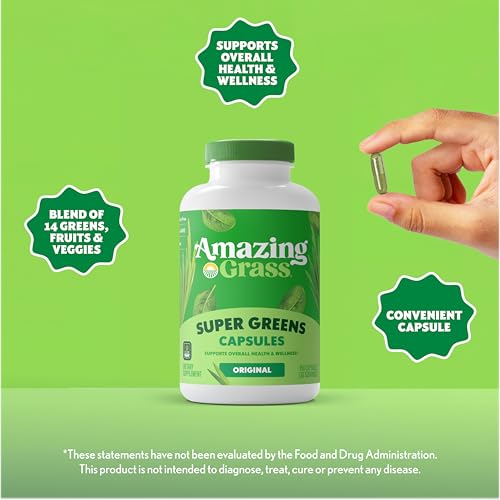 Amazing Grass Super Greens Capsules, Superfood, Greens Pills, Organic Spirulina, Chlorella, Beet Root Powder, Digestive Enzymes & Probiotics, Greens Supplement Capsules, 150 Count (Packaging May Vary) - Image 4