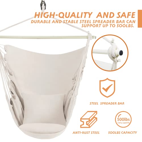 Pnaeut Hammock Chair Hanging Rope Swing, Max 500 Lbs, Hanging Chair With Pocket, 2 Cushions Included, Steel Spreader Bar With Anti-Slip Rings, Hardware Kits And Bag, For Indoor Outdoor (Natural) #TOP5