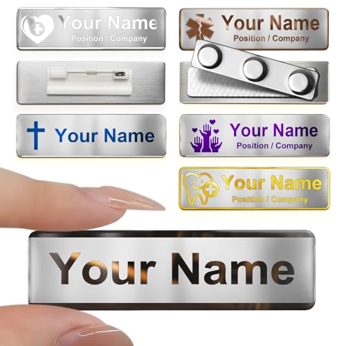 Image of Custom Name Tags Customize Text Metal Engraved Personalized Badge Pin Clip