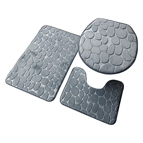 Roadoor Badezimmer Teppiche Sets 3 Stück Badematte Set Rutschfest Waschbar Toilettensitz Bezug Set Toilettensitzbezug Set Weich Badezimmer Teppich Set 3 Stück Faltbar Grau
