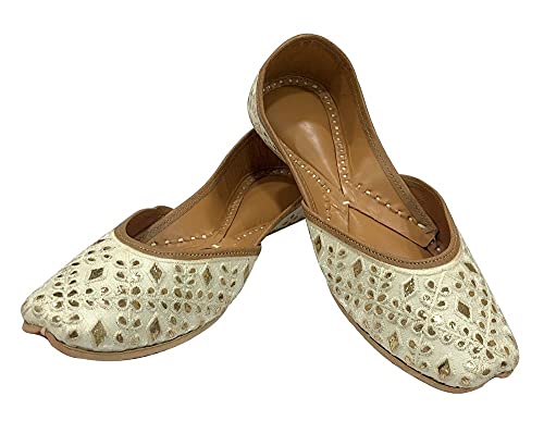 Image of Punjabi Jutti Flats for Women,Cream Bohemian Sandles Traditional Jooti,Handmade Indian Ethnic Beaded Shoes, Crean