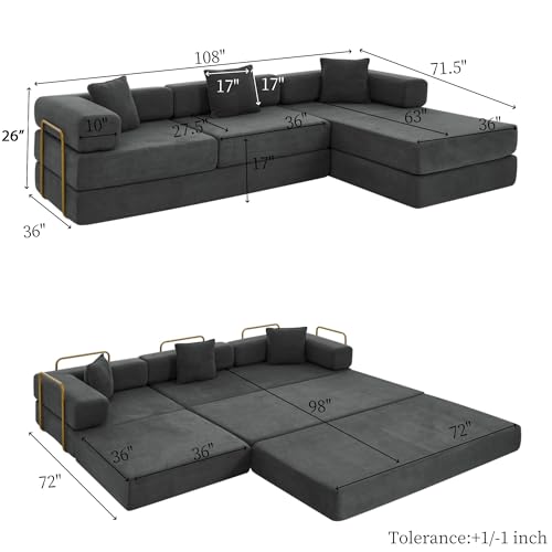 Image of HANXIN 108 inch Modular Sectional Sofa, Futon Convertible Sofa Bed,Oversized Corduroy Boneless Couch for Living Room,Floor Loveseat Sleeper with Pull Out Bed,Free Combination,No Assembly Required (Grey)