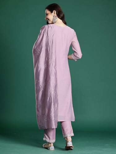 Image of INDO ERA Women's Straight Silk Blend Floral Printed Embroidered Kurta & Pant with Dupatta Set (KH9LV11382)