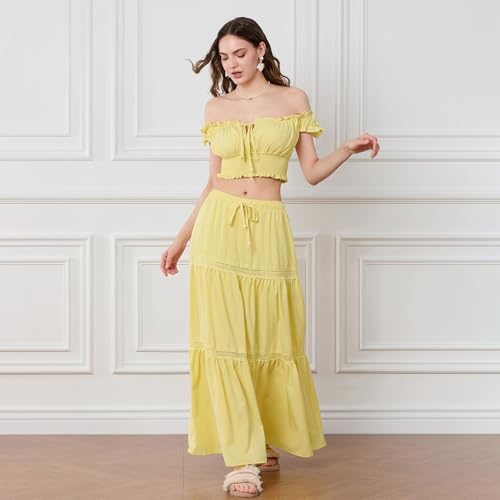 Owl's-Yard Women’s 2 Piece Skirt Set Off Shoulder Frill Trim Crop Tops and Ruffle Long Skirt Set Summer Trendy Outfits3