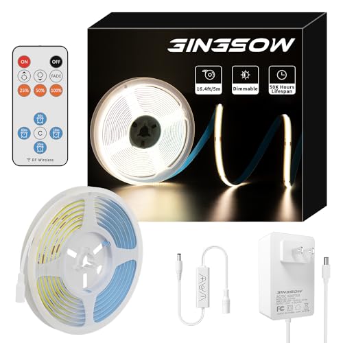 Gingsow COB LED Strip 12V 16.4ft 2400LEDs Natural White 4000K,CRI90+ Dimmable Super Bright Flexible LED Tape Lights with RF Dimmer,12V 36W Power Supply for TV Kitchen Cabinet DIY Lighting Project