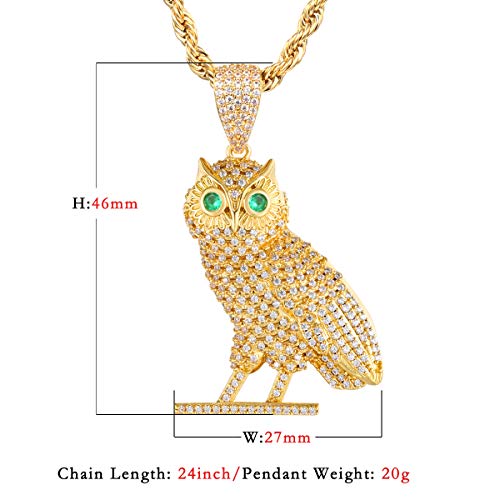 Full Iced Out Owl Pendant 18K Gold/White Gold Plated Hip Hop Fashion Simulated Diamond CZ Pendant with Stainless Steel Rope Chain Necklace for Men Women2