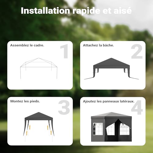 Toboli Pavillon 3 x 3 m en gris avec protection UV 50+, gazebo de jardin avec côtés amovibles, tente de réception avec fenêtres pour terrasse et festival, par exemple – Image 5