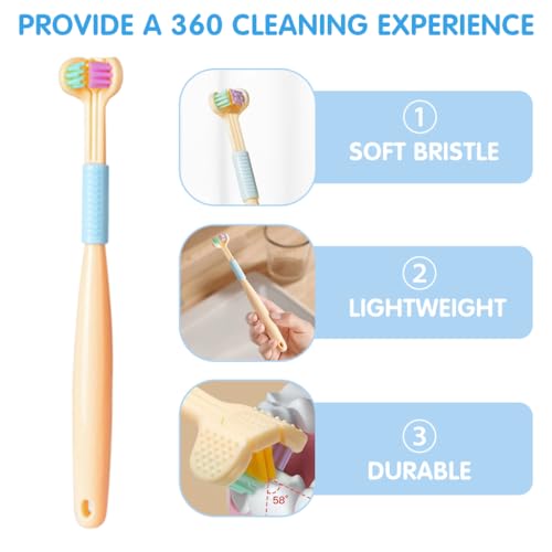 Image of HANNEA 3Pcs Kids Toothbrush Set, Three-Sided Soft Bristles, Tongue Scraper | Front and Back Coverage, Gentle Gum Contact, Built-In Tongue Cleaning, Daily Oral Care for Children
