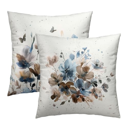 Floral Throw Pillow Covers Watercolor Blue Flowers...