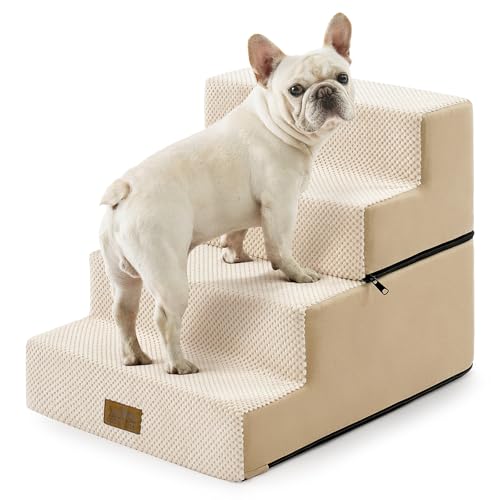 Image of COZY KISS Dog Stairs for Small Dogs, 4 Step Pet Stairs for Beds & Couches | 17.7 inch H Wider Non-Slip Dog Steps with Removable Tiers & Support Board for Puppies, Older Cats & Dogs, Beige