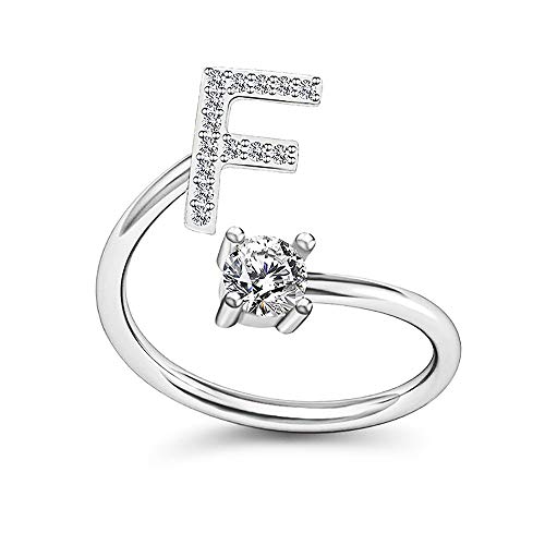 Image of HUJUON Silver Initial Letter Ring for Women. Adjustable Crystal Alphabet Ring,Name Initials Stackable Knuckle Rings A-Z CZ Open Ring