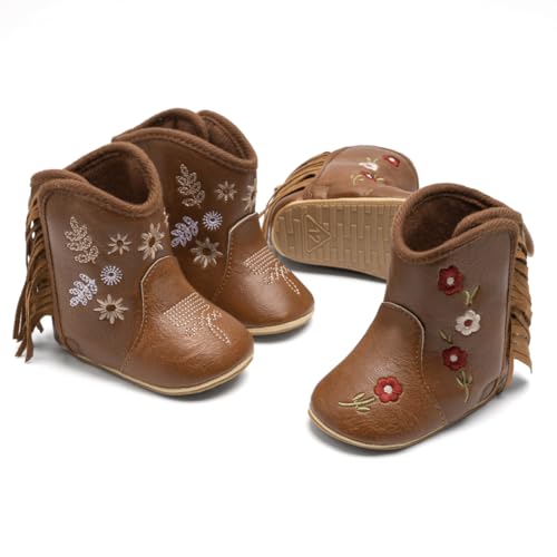 Image of Meckior Baby Girls Cowboy Tassel Boots Side Zipper Moccasins Soft Bottom Non-Slip Toddler Shoe