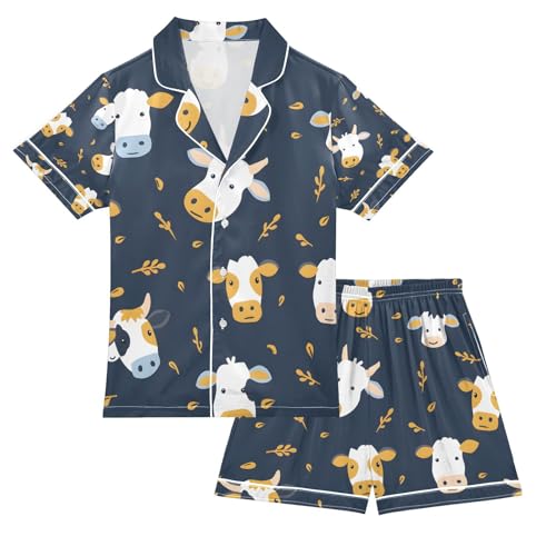 senya Cow Head Dark Satin Summer Pajama Sets Silk Short Sleeve Button Down Sleepwear