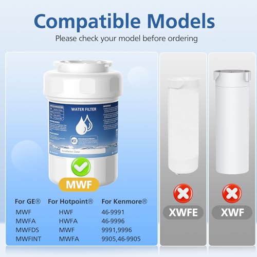 Image of MWF Water Filter Compatible with GE MWF, SmartWater MWFP, MWFA, MWFINT, GWF, GWFA, HDX FMG-1, Kenmore 9991, High Efficiency Filtration and Every 6 Months Value, NSF Certified, 2 Pack