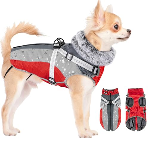 Eyein Hundemantel Winter, Wasserdichter Fleece Hundejacke mit Geschirr für kleine, mittlere und große Hunde, reflektierende verstellbare Welpenweste für Spaziergänge im Freien (Rot, XS)