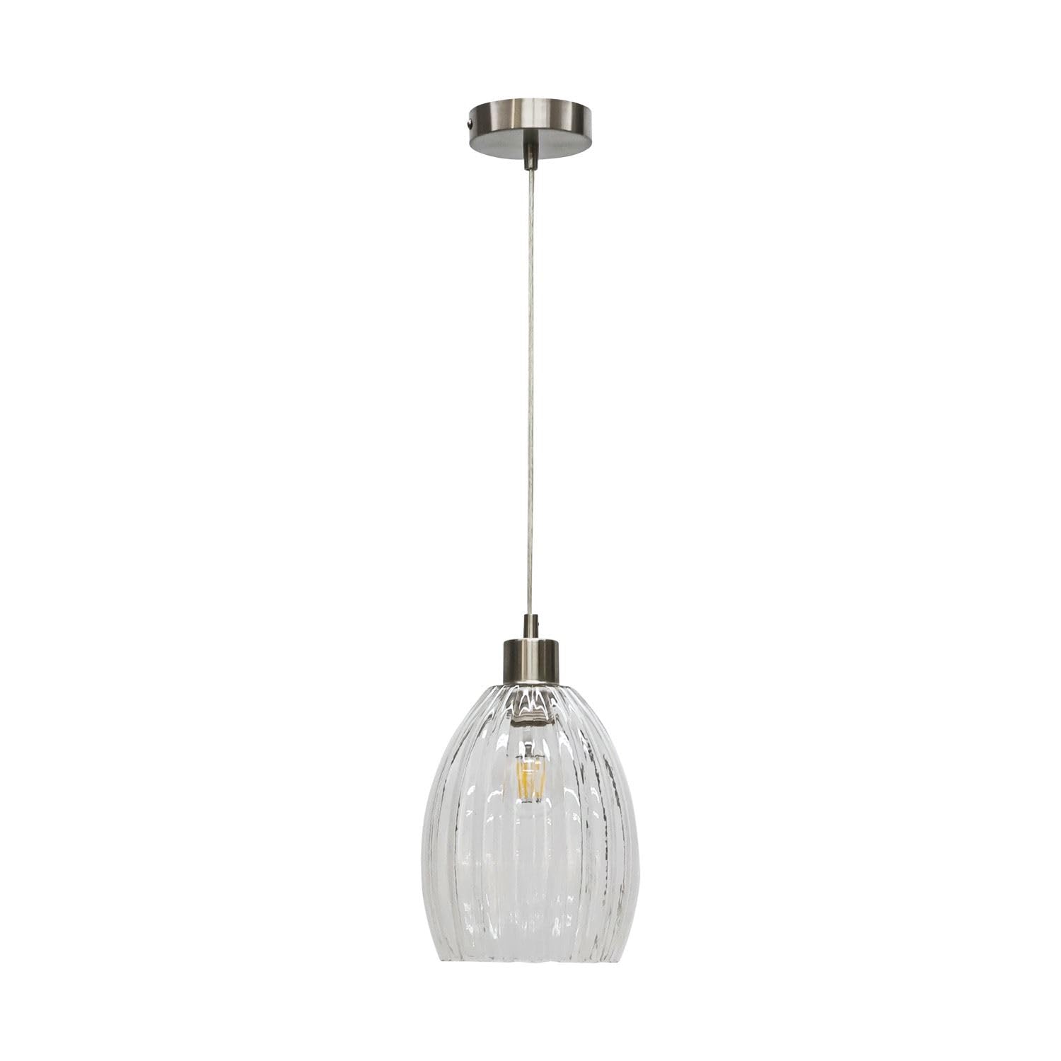 Firstchoicelighting Satin Nickel & Clear Clear Fluted Glass Ceiling Light Pendant With Satin Nickel And Clear Fluted Cable, Height Adjustable 23-130Cm, Kitchen Island Dining Lighting
