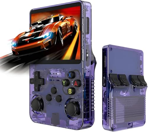 Image of PLUSPOINT R36S Portable Handheld Game Console (64GB) with 18000+ Retro Classic Preloaded Video Games, 3.5 Inch IPS Display,Rechargeable Battery , Pocket Arcade Gaming Device (Purple)