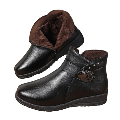 Women's Winter Boots Round Toe Arch Support Side Buckle Waterproof Ankle Booties Warm Fur Lined Faux Leather Combat Boots3