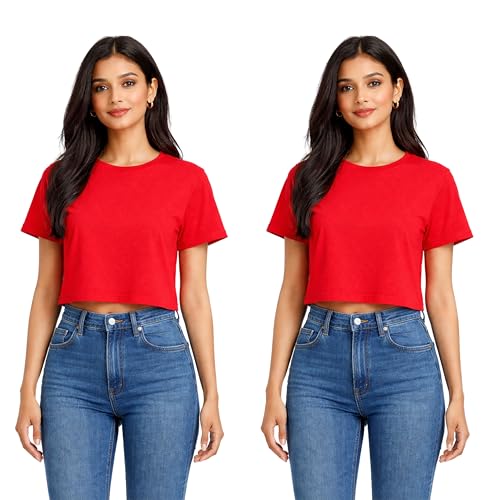 Image of Hangout Hub Women Crop Top T-Shirts | Round Neck Plain Solid Tshirts | Double Weaved | Shrink Free Tees | Casual T-Shirt for Woman Ladies Girls(Cotton|Pack of 3)