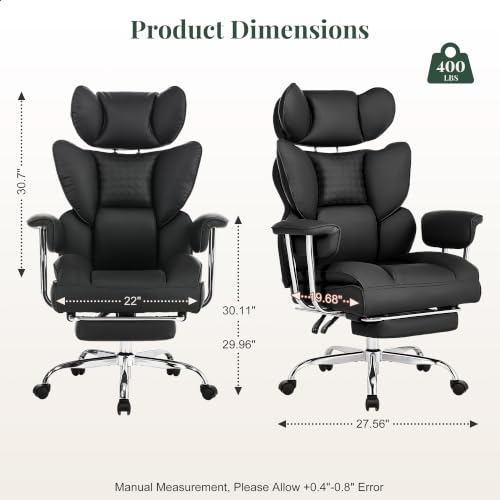 Image of Big and Tall Office Chair 400 LBS, Scratch-Resistant PU Leather Executive Ergonomic Desk Chair with Footrest, Lumbar Support, Wide Reclining Computer Seat for Home Office, Black