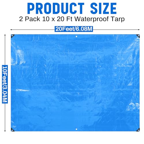 Image of 2 Pack 10 x 20 ft 5.5 Mil Large Tarps Heavy Duty Waterproof Tarp Multi Purpose Tent Cover for Home Boats Cars Camping Patio Furniture Roof Emergency Rain Protective Cover, Blue